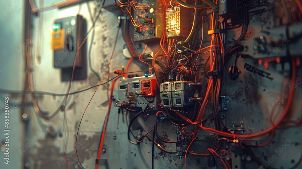 Poster a close-up shot of an electrician working on electrical wiring inside an open wall. the image shows 