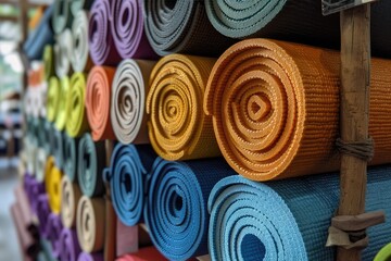 Colored mats for sports. Yoga mats in store. Exercise mat on the shelf of the gym. Sports equipment.