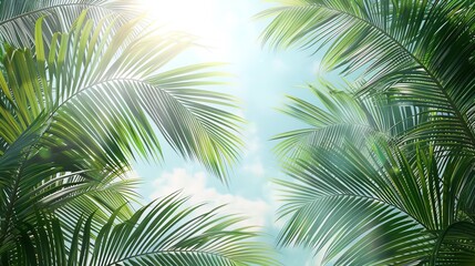 A lush canopy of emerald-green palm fronds sway gently in the warm tropical breeze against a backdrop of cerulean blue sky.