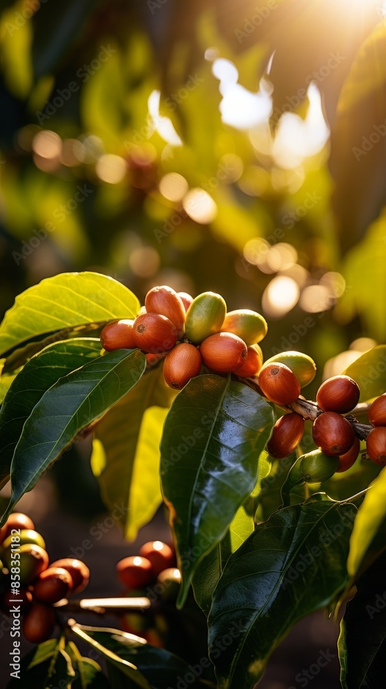 Wall mural close-up of ripe coffee beans growing on a tree with sunlight filtering through the leaves, showcasi