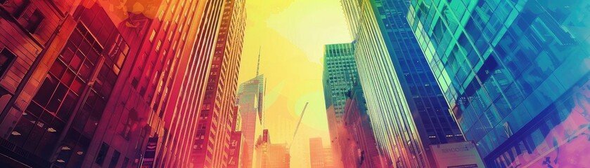 Obraz premium Vibrant cityscape with tall skyscrapers and vivid rainbow colors, creating a dynamic and artistic urban atmosphere.
