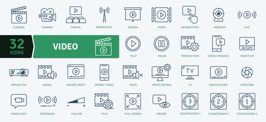 Video Icons Pack. A program, movie, and other visual media product featuring moving images
