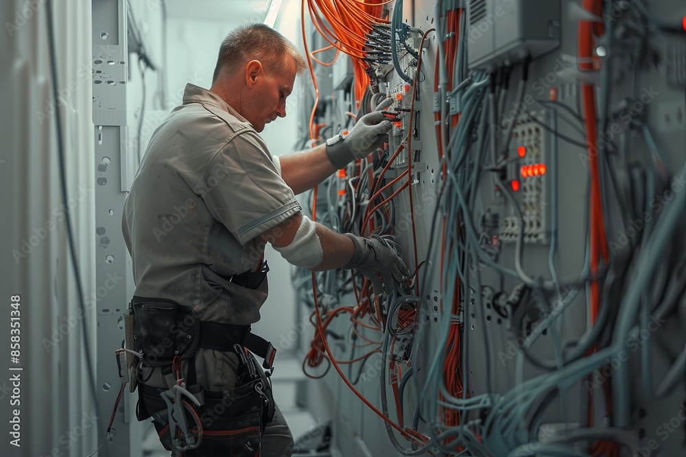 Poster An electrician carefully works on wiring inside an open wall, surrounded by a complex network of cables and connectors. Generative AI
