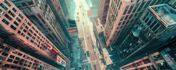 High-angle view of a busy urban street surrounded by tall skyscrapers, capturing the hustle and bustle of city life.