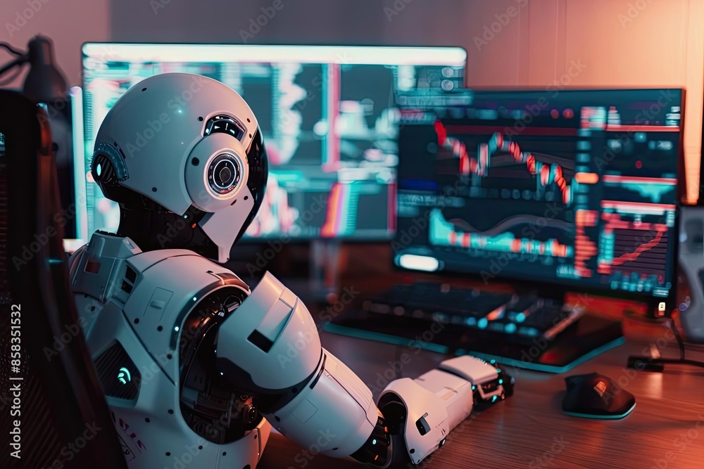 Poster robot analyzing financial data on multiple screens in a modern office, symbolizing ai-driven technol