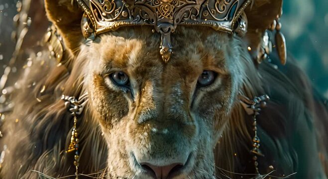 Majestic lion wearing an elaborate crown, embodying power and royalty with a noble expression, surrounded by intricate details.