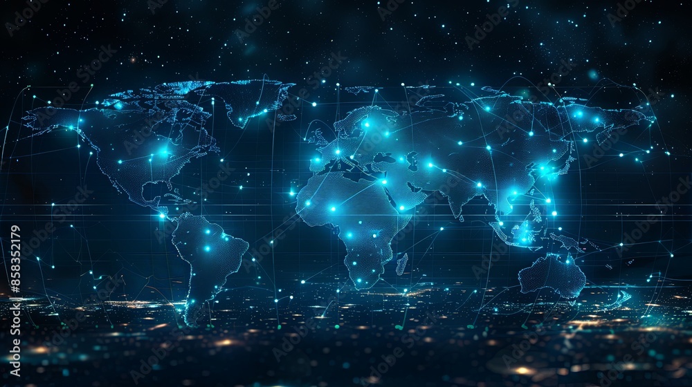 Canvas Prints a digital world map showcasing illuminated connections reflecting a global network, with glowing poi