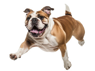 Fototapeta premium Full body shot of Bulldog dog, running happily, smiling.