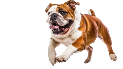 Full body shot of Bulldog dog, running happily, smiling.