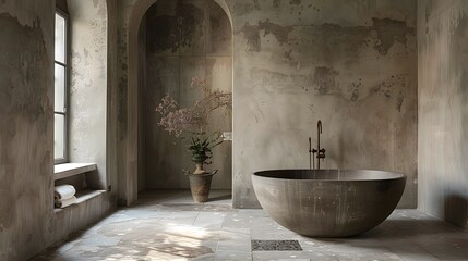 Elegant bathroom interior with a rustic charm, featuring a freestanding bathtub and natural light 