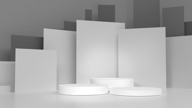 Escenograf&iacute;a gris con paneles rectos de fondo y pedestales blancos para productos. Ilustraci&oacute;n 3D para gr&aacute;fica y redes sociales.