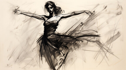 wide entertainment banner, black and white illustration charcoal pencil sketch drawing of women dancing and performing on stage with beautiful long dress, active live event scene in white background