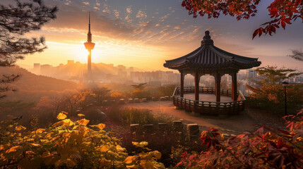 Obraz premium Seoul Tower and octagonal pavilion in autumn, overlooking the city at sunrise in Seoul, South Korea.