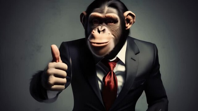A humorous and creative image of a chimpanzee dressed in a business suit, giving a thumbs up.