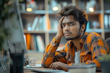 Obraz premium Frustrated young man with migraine in casual attire. A perfect image for conveying frustration and stress in an office or study setting. Useful for workplace wellness and educational materials