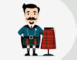 Scottish male with a mustache in a kilt. Vector illustration isolated on white background.