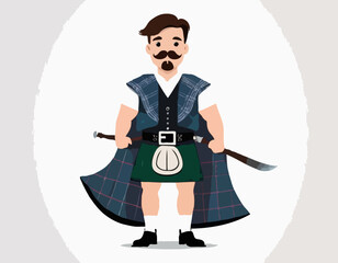 Scottish male with a mustache in a kilt. Vector illustration isolated on white background.
