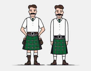 Scottish male with a mustache in a kilt. Vector illustration isolated on white background.