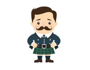 Scottish male with a mustache in a kilt. Vector illustration isolated on white background.