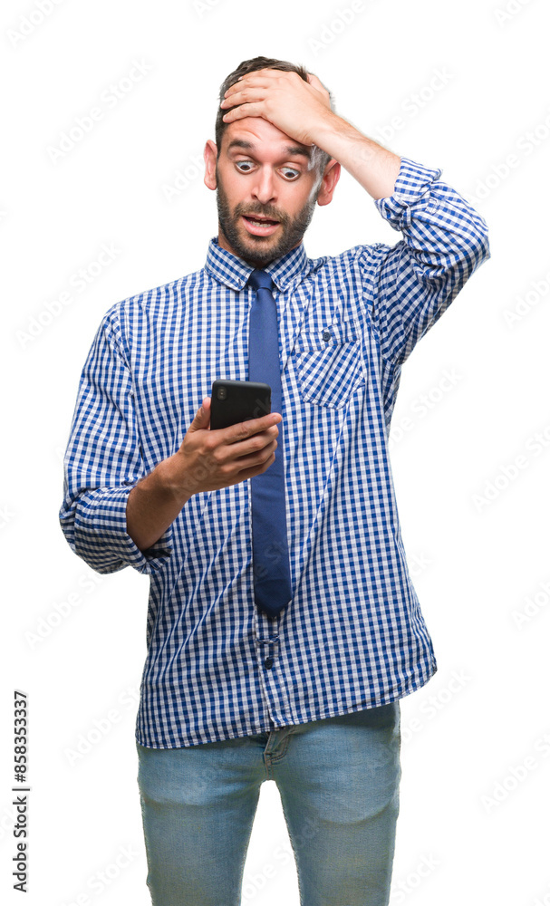 Poster young hadsome man texting sending message using smartphone over isolated background stressed with ha