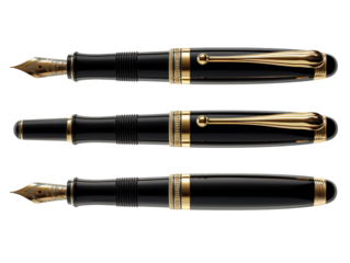A close-up of a black and gold fountain pen with a nib, cap, and barrel.  The pen is  isolated on a black background.