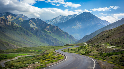 Fototapeta premium Stunning mountain road with breathtaking scenery. The winding highway cuts through the majestic peaks, offering panoramic views of the surrounding beauty.