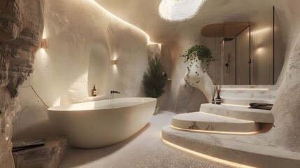 Modern cave-style bathroom with elegant freestanding tub and ambient lighting designed for luxury and relaxation. 
