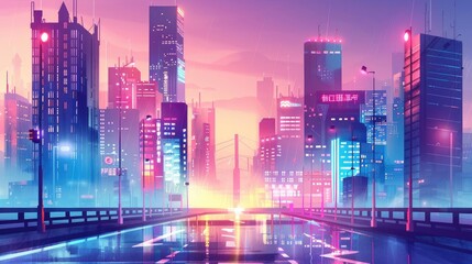 A futuristic cityscape with vibrant neon lights, modern skyscrapers, and a glowing sunset reflecting off wet streets.