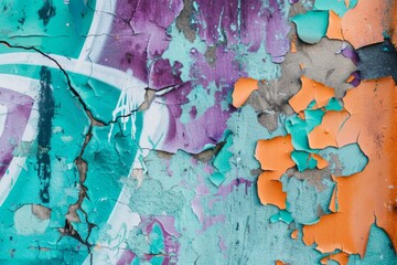Grunge background texture of an urban wall featuring cracked and peeling paint revealing layers of turquoise, orange, and purple