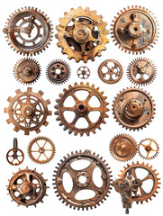 A collection of old, rusty gears of various sizes