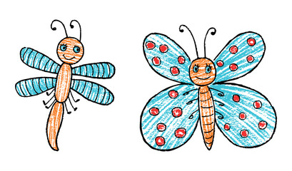 Butterfly and dragonfly cartoon cheerful textured contour drawings, vector hand drawn illustration isolated on white