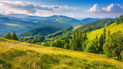 Obraz premium Stunning mountain views with lush green trees and meadows. Picture-perfect summer scenery in Sadecki Beskids, Poland.