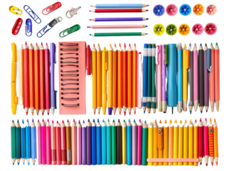 A colorful array of art supplies, including colored pencils, pens, and buttons, arranged in neat rows.