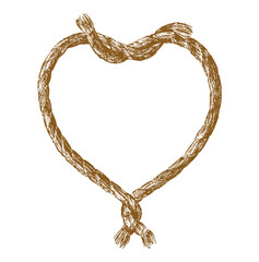 Heart shape from rigging rope, decorative border, love symbol, vector hand drawn illustration on white background