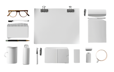 A flat lay of various office supplies, including a blank notepad, pens, pencils, and a tape dispenser.  Perfect for a minimalist workspace background.