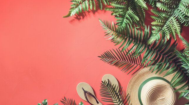 Summer vibes at the beach! Relax and enjoy with a fern, sun hat, and flip-flops on a coral background.