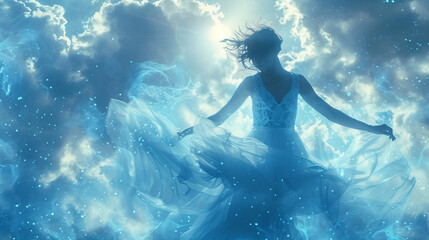 Fototapeta premium Ethereal Dance of Freedom - Graceful young woman merging with celestial skies, expressing spiritual liberation and serenity, ideal for personalized content creation.