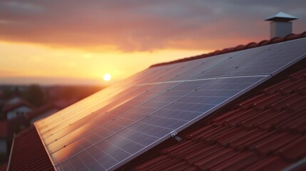 Solar panels on a red roof capturing sunlight with a beautiful sunset in the background, highlighting renewable energy and sustainability.
