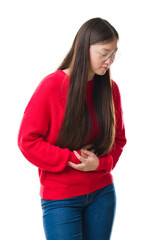 Young Chinese woman over isolated background wearing glasses with hand on stomach because nausea, painful disease feeling unwell. Ache concept.