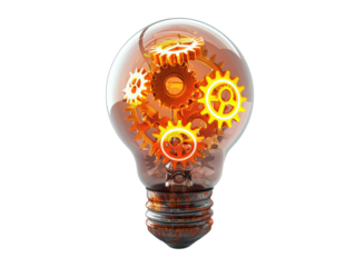 A light bulb filled with gears, symbolizing innovation, creativity, and problem solving.