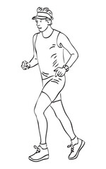 Young city man alone on wellness jogging, realistic contour drawing, vector hand drawn illustration isolated on white