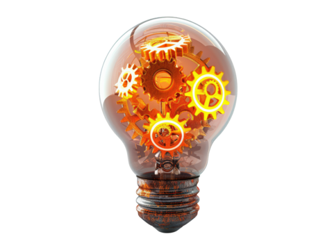 A light bulb filled with gears, symbolizing innovation, creativity, and problem solving.