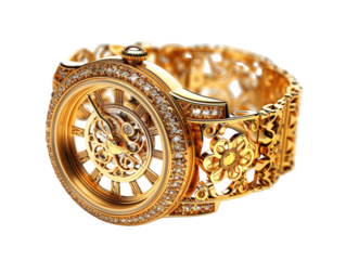 A luxurious gold wristwatch with a diamond-encrusted bezel and intricate floral designs. The watch face features roman numerals and delicate hands.