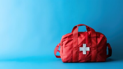 Red first aid bag on blue background