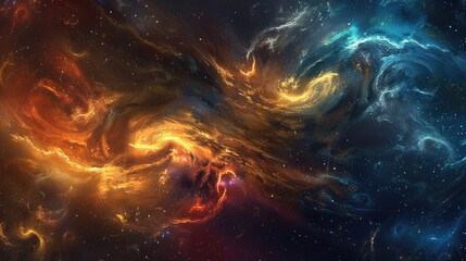 Abstract digital art depicting swirling flames of fire and ice in a dark space.