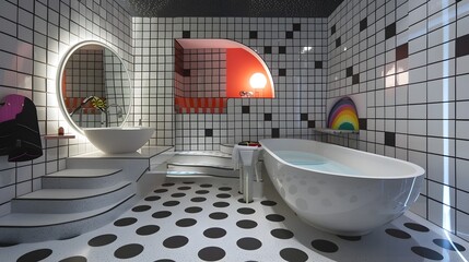 Obraz premium Modern bathroom interior with a freestanding bathtub and eclectic decor featuring black and white tiles and vibrant accents 