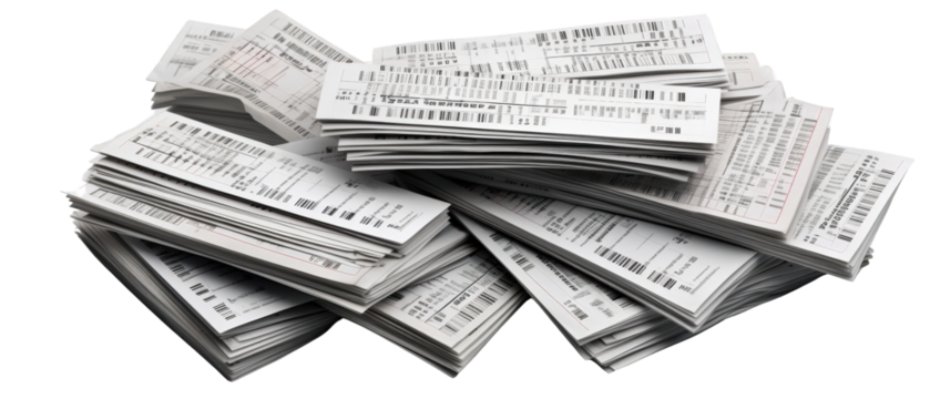 A pile of receipts isolated on a black background.