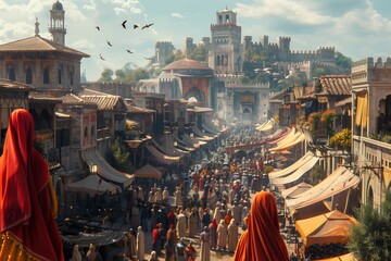 Crowded Medieval City Market With Castle in the Background
