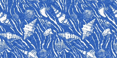 Azure blue white shell motif with linen seamless batik border background. Modern coastal beach cottage rustic shell block print home decor pattern design in sealife beach banner style. 