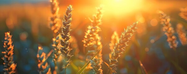 Golden wheat field basking in the warm glow of a summer sunset, with sunlight casting a beautiful hue over the crops, creating a serene atmosphere.